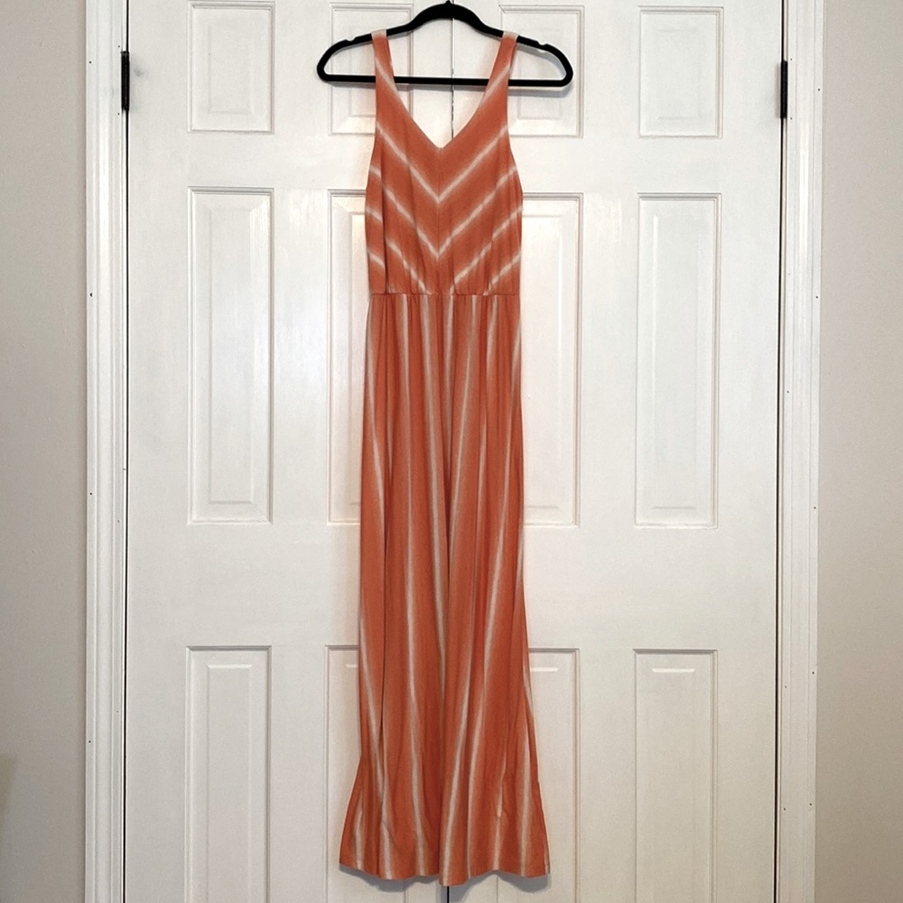 Coral Peach Tie-Dye Stripe Maxi Dress | Sleeveless V-Neck Boho Summer Dress